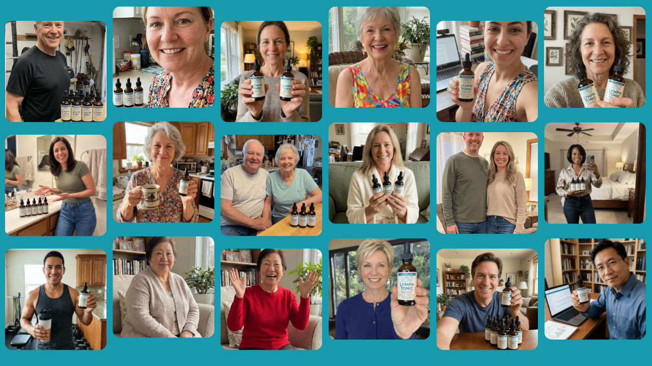 This graphic illustrates a diverse community of real customers who have incorporated Lymph Tonic into their wellness routines. These individual experiences reflect natural structural support for daily wellbeing. Please note: This product does not provide medical claims of a cure, and individual results cannot substitute or replace personalized professional medical advice, consultation, or treatment by a physician.